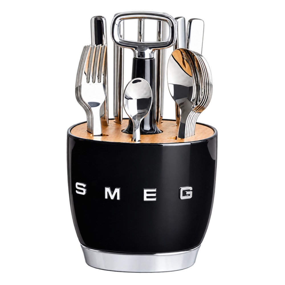 Комплект SMEG: органайзер чорний і 24 столові прибори
