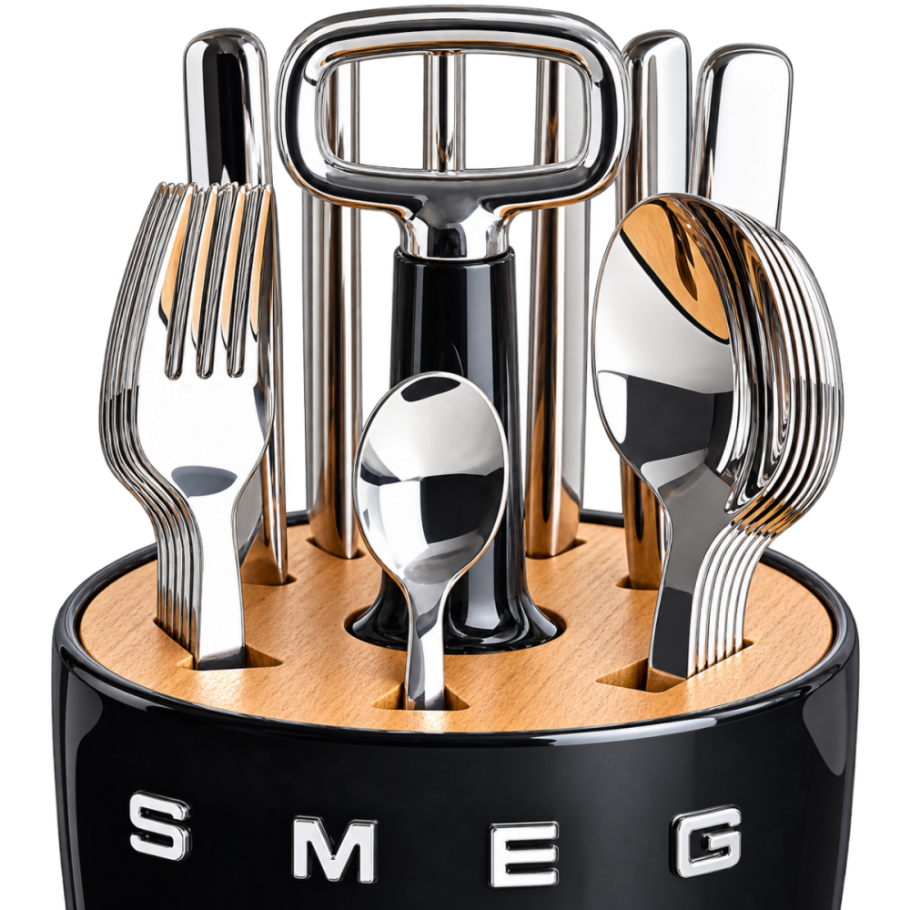 Комплект SMEG: органайзер чорний і 24 столові прибори