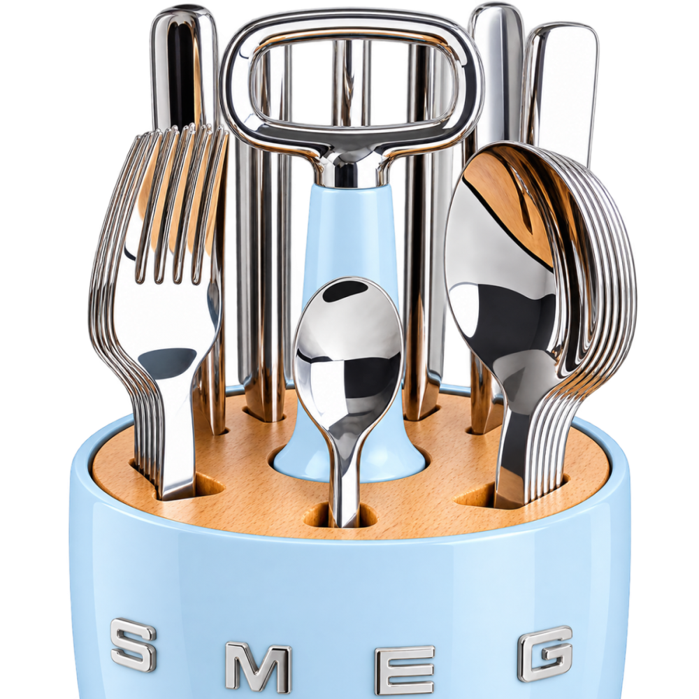 Комплект SMEG: органайзер блакитний і 24 столові прибори