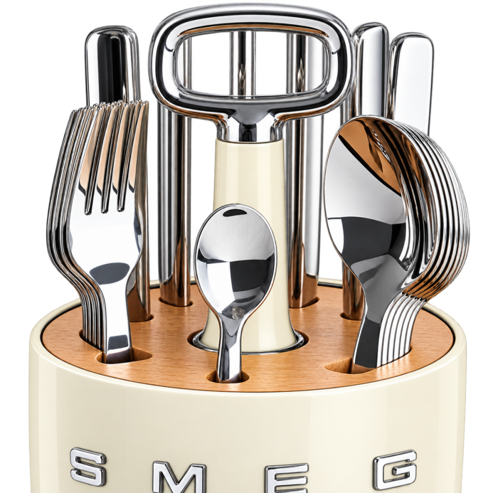 Комплект SMEG: органайзер кремовий і 24 столові прибори