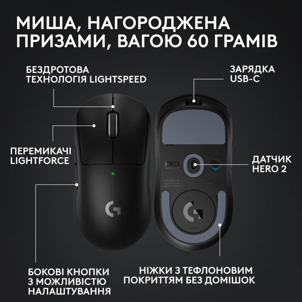 Миша Logitech G Pro X Superlight 2 LightSpeed Wireless Black (910-006630)